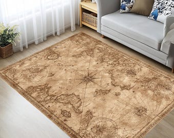 Vintage Nautical Map Rug – Antique World Map Area Rug for Study, Office or Library Decor