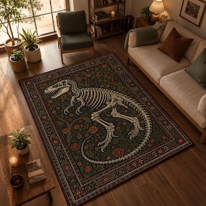 May include: A rectangular area rug featuring a central white dinosaur skeleton illustration set against a dark green background with intricate red and orange floral patterns and a decorative border with repeating geometric and botanical motifs.