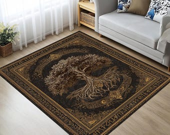Alfombra nórdica Yggdrasil Árbol de la Vida – Diseño mitológico de runas vikingas en negro y dorado