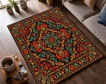Alfombra floral vintage, alfombra bohemia ornamental, alfombra gótica colorida, decoración maximalista