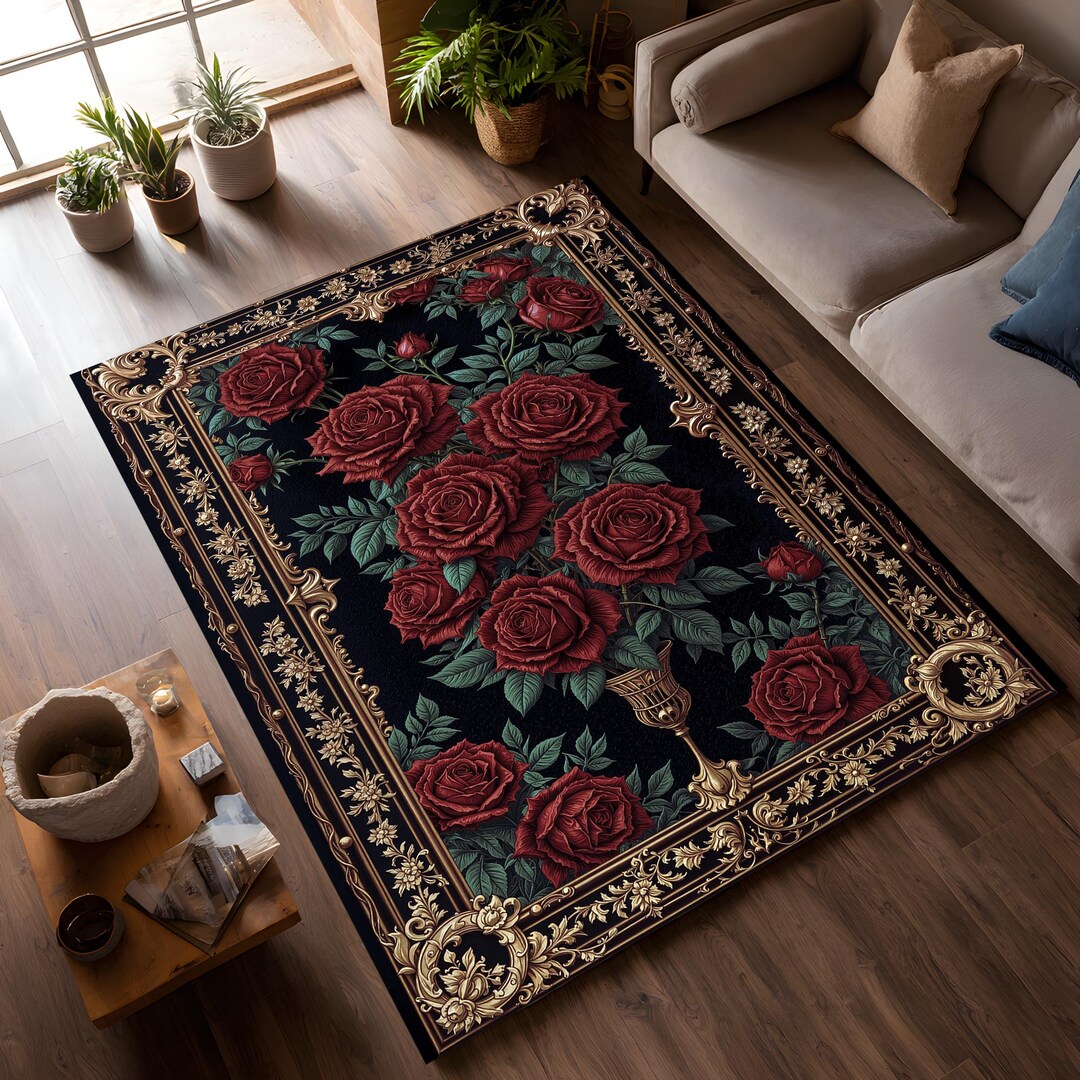 Vintage Rose Floral Rug Black Red Gothic Style Rug Ornate Frame Decor ...
