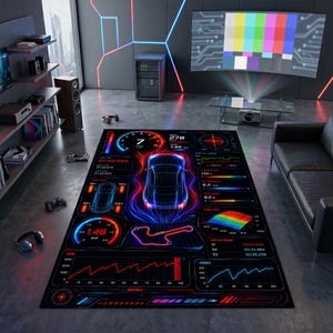 Op de afbeelding: Een rechthoekig vloerkleed met een zwarte achtergrond en een levendig, neonkleurig digitaal dashboardontwerp. De afbeelding toont een centrale auto-omtrek, diverse prestatie meters, snelheidsmeters, brandstofkaarten en gegevensgrafieken.