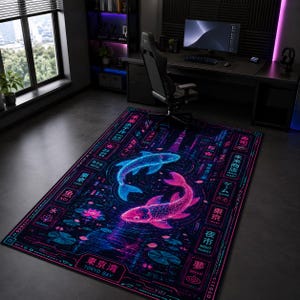 May include: A rectangular area rug featuring a dark background with a vibrant neon-style design of two koi fish swimming in a circle. The rug includes various Japanese kanji characters, English text like Tokyo Bay, Hotel, and Koi, and lotus flowers.