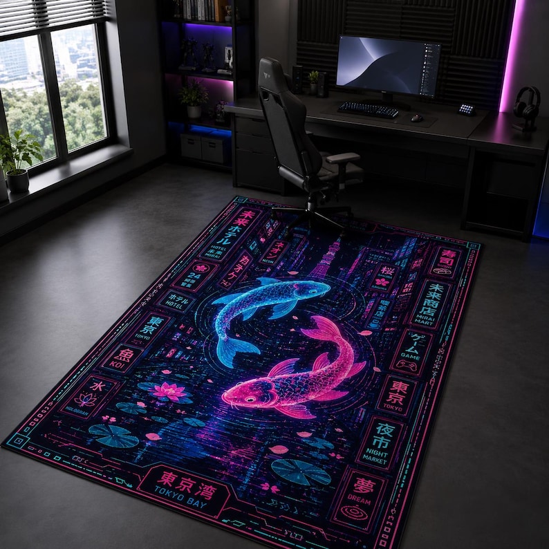 May include: A rectangular area rug featuring a dark background with a vibrant neon-style design of two koi fish swimming in a circle. The rug includes various Japanese kanji characters, English text like Tokyo Bay, Hotel, and Koi, and lotus flowers.