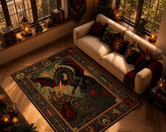 Alfombra gótica de dragón, alfombra de castillo de fantasía, decoración oscura para habitaciones de estilo medieval.