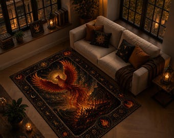 Alfombra de la mitología del pájaro de fuego, alfombra de fantasía con diseño de fénix.