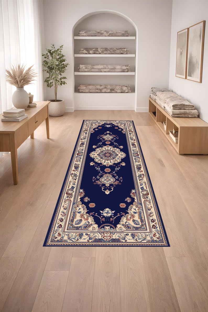 Royal Runner Rug Texture Royal Blue Floral Medallion Runner Rug With Cream Border - Etsy