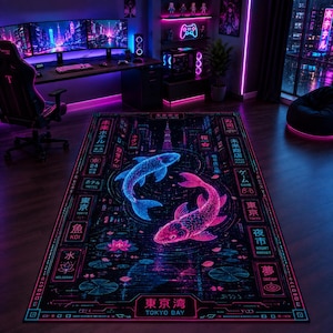 May include: A rectangular area rug featuring a dark background with a neon-style graphic of two koi fish, one blue and one pink, swimming in a circle. The design includes Japanese kanji characters, English text, and lotus flower motifs.