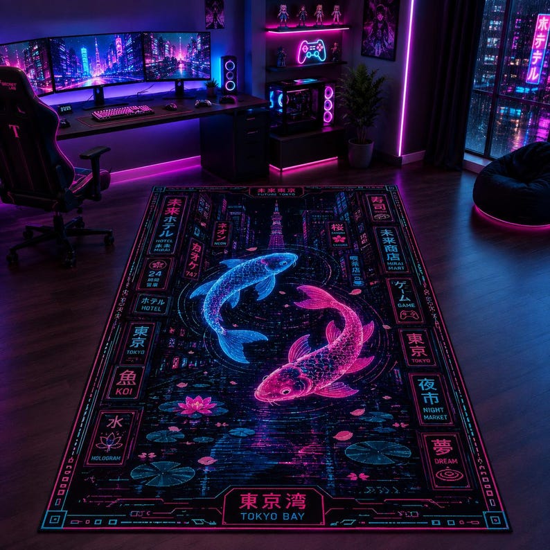 May include: A rectangular area rug featuring a dark background with a neon-style graphic of two koi fish, one blue and one pink, swimming in a circle. The design includes Japanese kanji characters, English text, and lotus flower motifs.