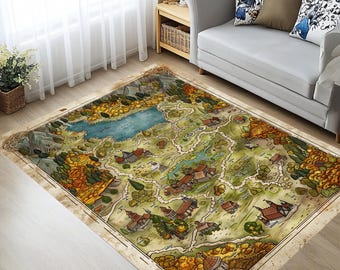 Fantasy Kingdom Map Rug – Illustrated Storybook Area Rug for Gamers, Kids Room or Reading Nook