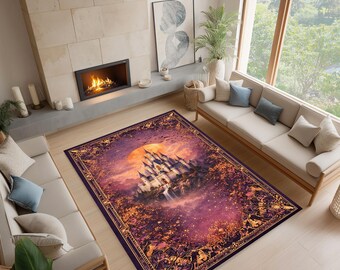 Fantasy Castle Area Rug Purple Gold Moonlit Palace Carpet