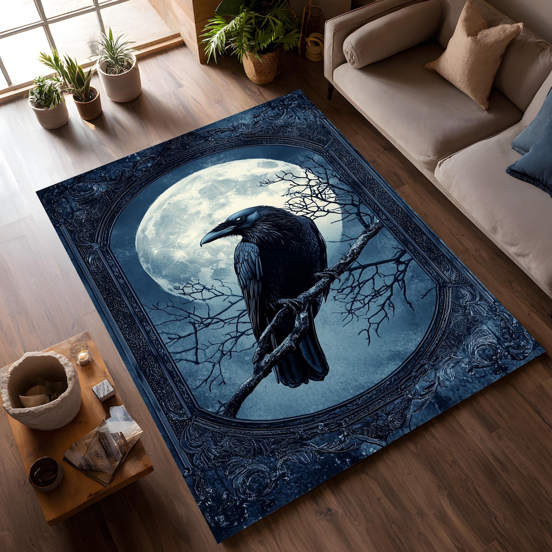 Blood Moon Rug Gothic Raven Area Rug With Full Moon Dark Blue Floor Carpet - Etsy