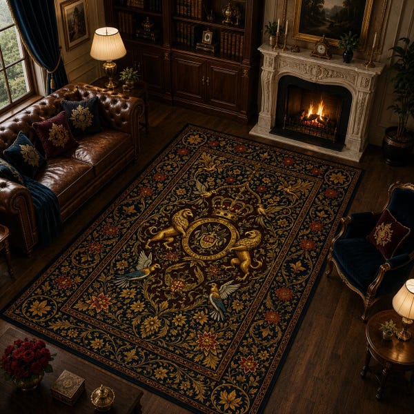 Vintage Ornate Area Rug, Elegant Floral Medallion Rug, Dark Academia Home Decor