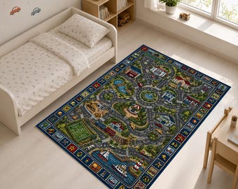 Alfombra infantil con diseño de carretera urbana, alfombra con pista de coches para sala de juegos, tapete de juguete educativo.