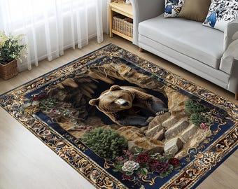 Alfombra 3D Bear Cave: Alfombra natural realista con flores del bosque y diseño de ilusión rocosa