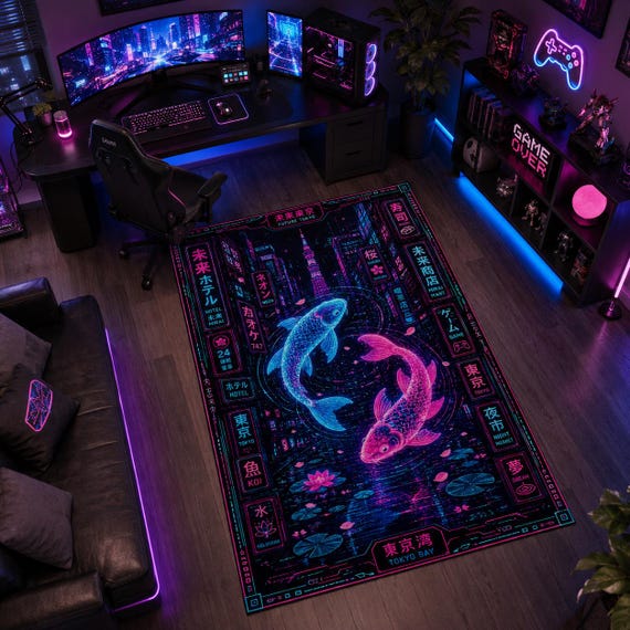 Neon Koi Rug, Cyberpunk Gaming Rug, RGB Room Decor