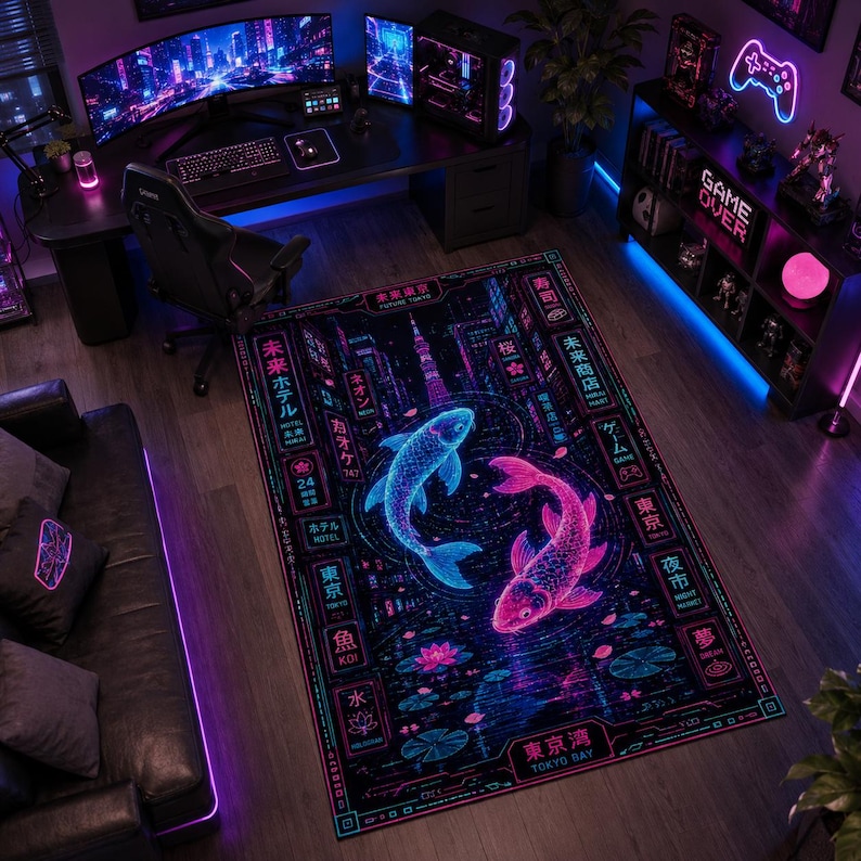 May include: A rectangular area rug featuring a vibrant neon-style graphic of two koi fish, one blue and one pink, swimming in a circle. The design includes Japanese kanji characters, lotus flowers, and a dark background with city-inspired patterns.