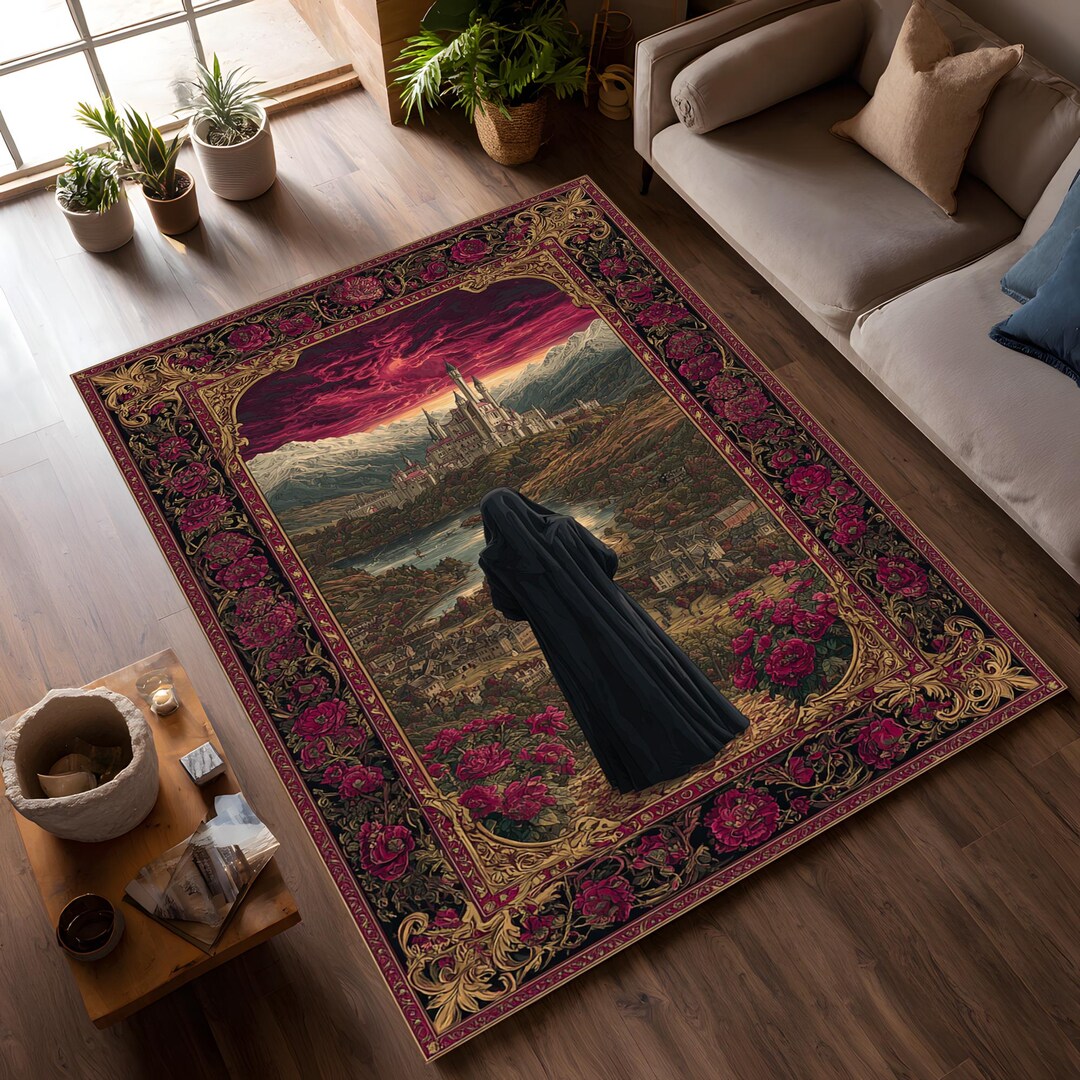 Fantasy Rug Collection Gothic Castle Fantasy Rug Dark Floral Ornate Medieval Landscape Carpet ...