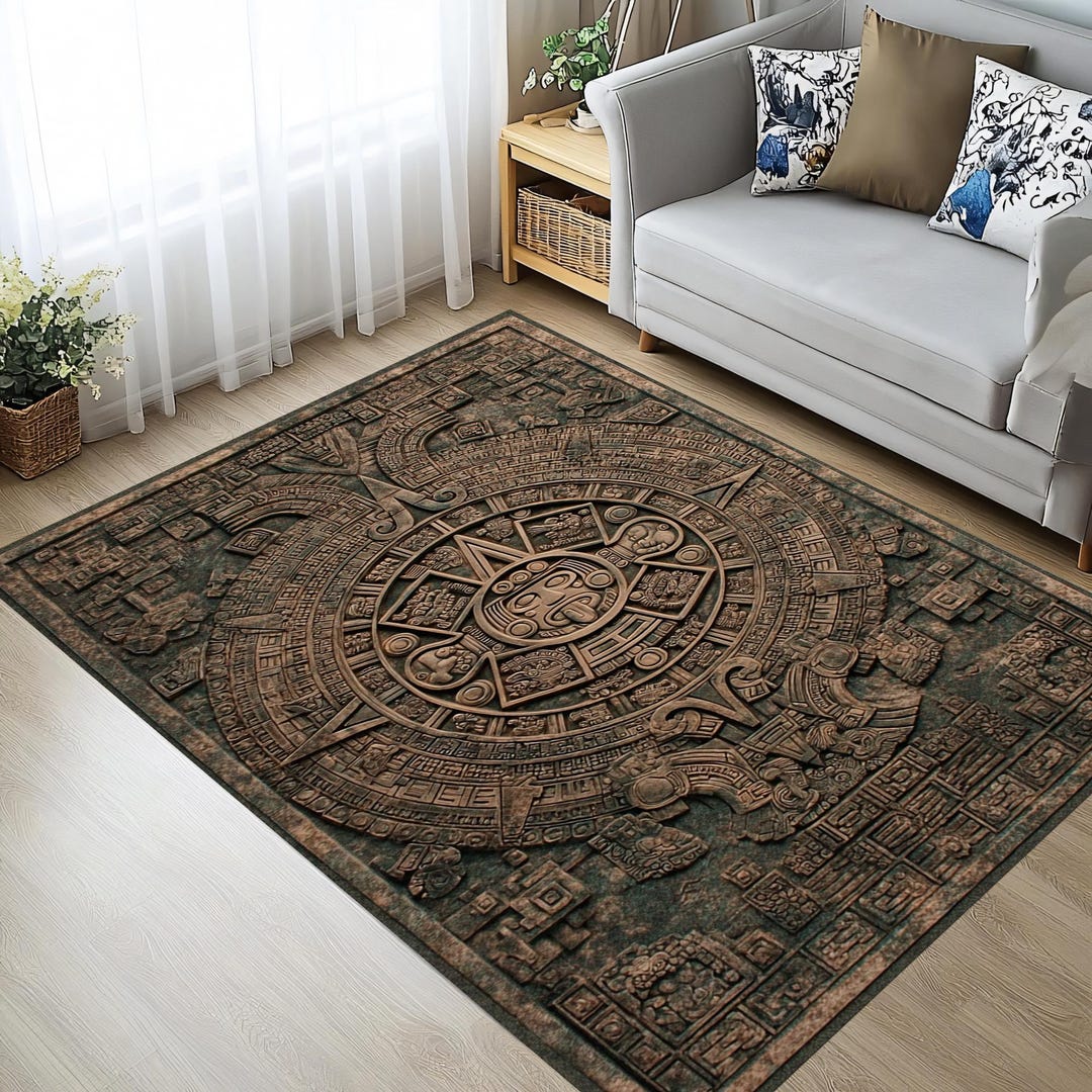 Stone Area Rug Inlay Aztec Calendar Rug – 3D Sun Stone Area Rug for Sacred Spaces, Study or ...