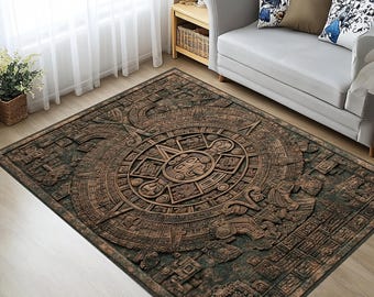 Aztec Calendar Rug – 3D Sun Stone Area Rug for Sacred Spaces, Study or Cultural Decor