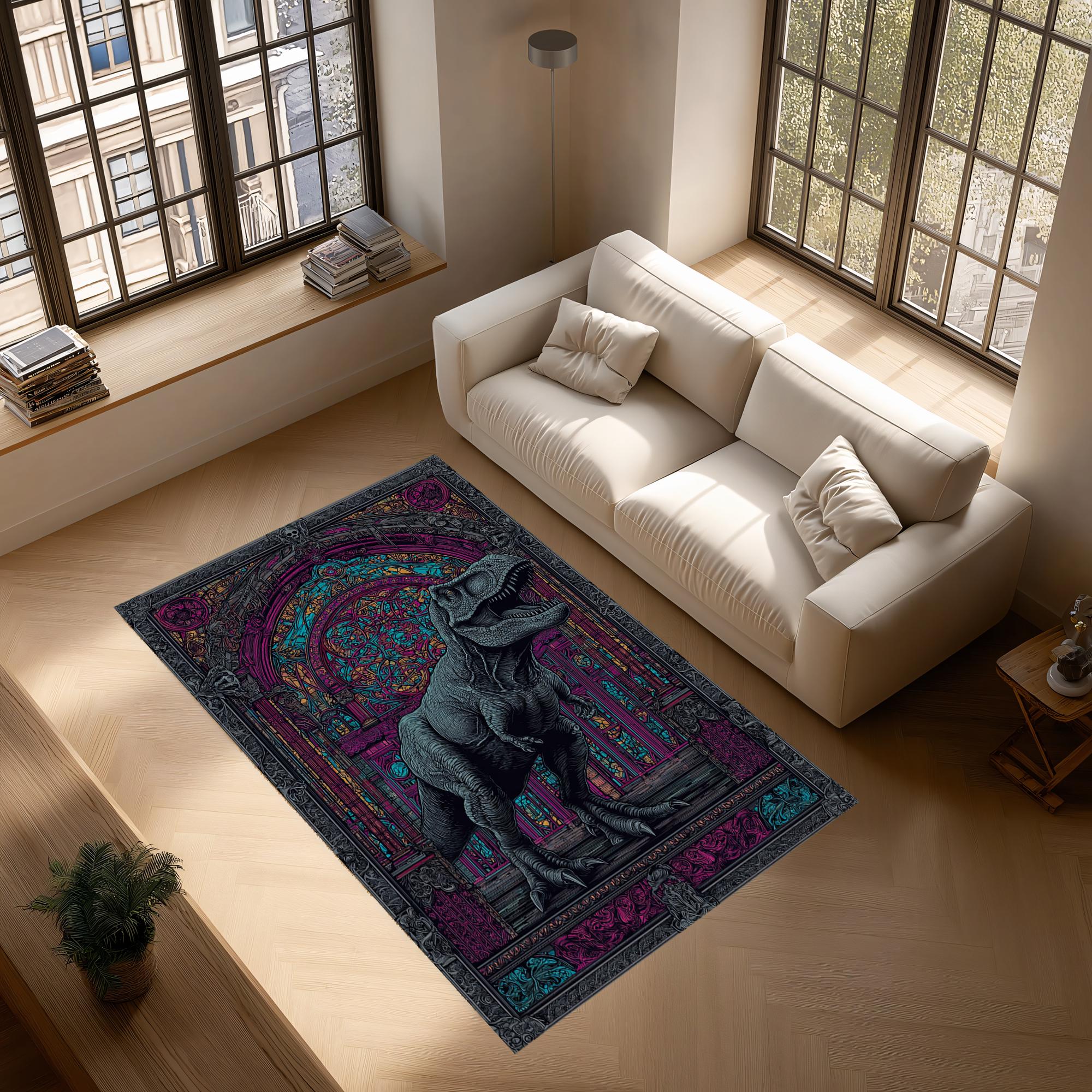Gothic Dinosaur Rug – T-rex Stained Glass Cathedral Carpet for Alt
