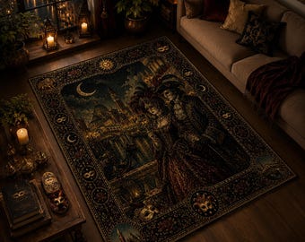 Alfombra gótica veneciana, decoración de carnaval a la luz de la luna, alfombra de piso con pareja enmascarada