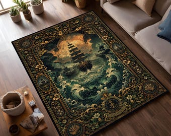 Alfombra de barco vintage, alfombra náutica oceánica, decoración Dark Academia, alfombra de arte pirata