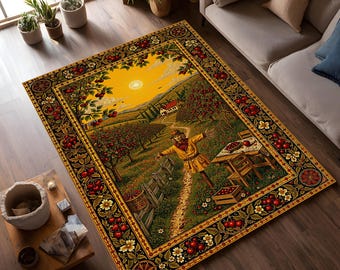 Alfombra vintage de huerto de manzanas, decoración campestre estilo cottagecore, alfombra rústica de cosecha.