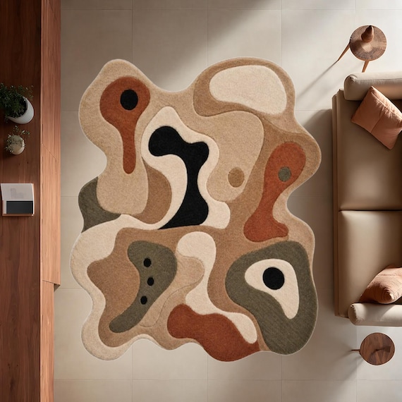 Abstract Organic Shape Rug Neutral Beige Brown Modern Art Carpet