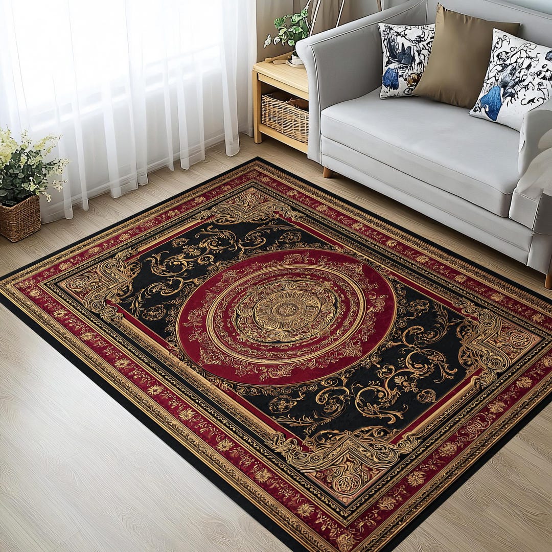 Red Gold Rug Red Gold Baroque Rug | Regal Medallion Area Carpet for Luxury Living ...