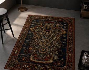 Puede incluir: Una alfombra rectangular que presenta un diagrama técnico detallado de un motor en V en tonos dorados y bronce sobre un fondo azul marino. El diseño incluye piezas mecánicas etiquetadas como el pistón, el cigüeñal y el filtro de aceite, enmarcado por un borde decorativo con motivos florales e iconos de herramientas.