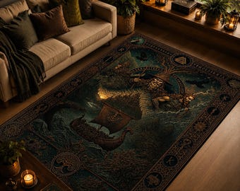 Alfombra de mitología oceánica, alfombra de barco antiguo, decoración de runas fantásticas
