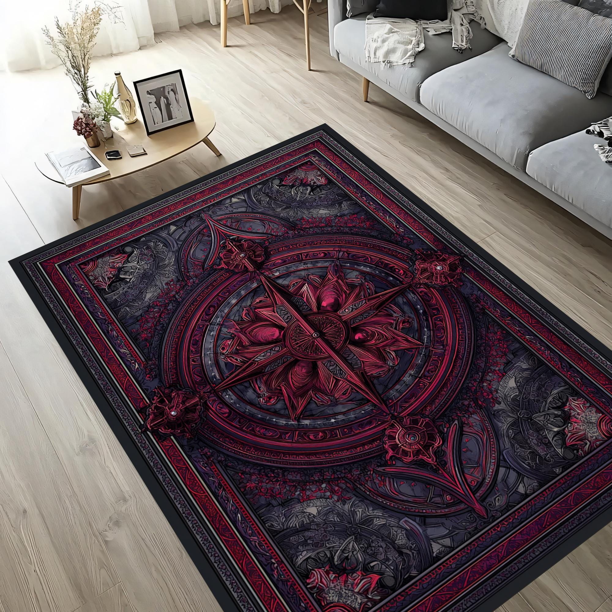Crimson Compass Rose Rug – Gothic Floral Mandala Floor Art for