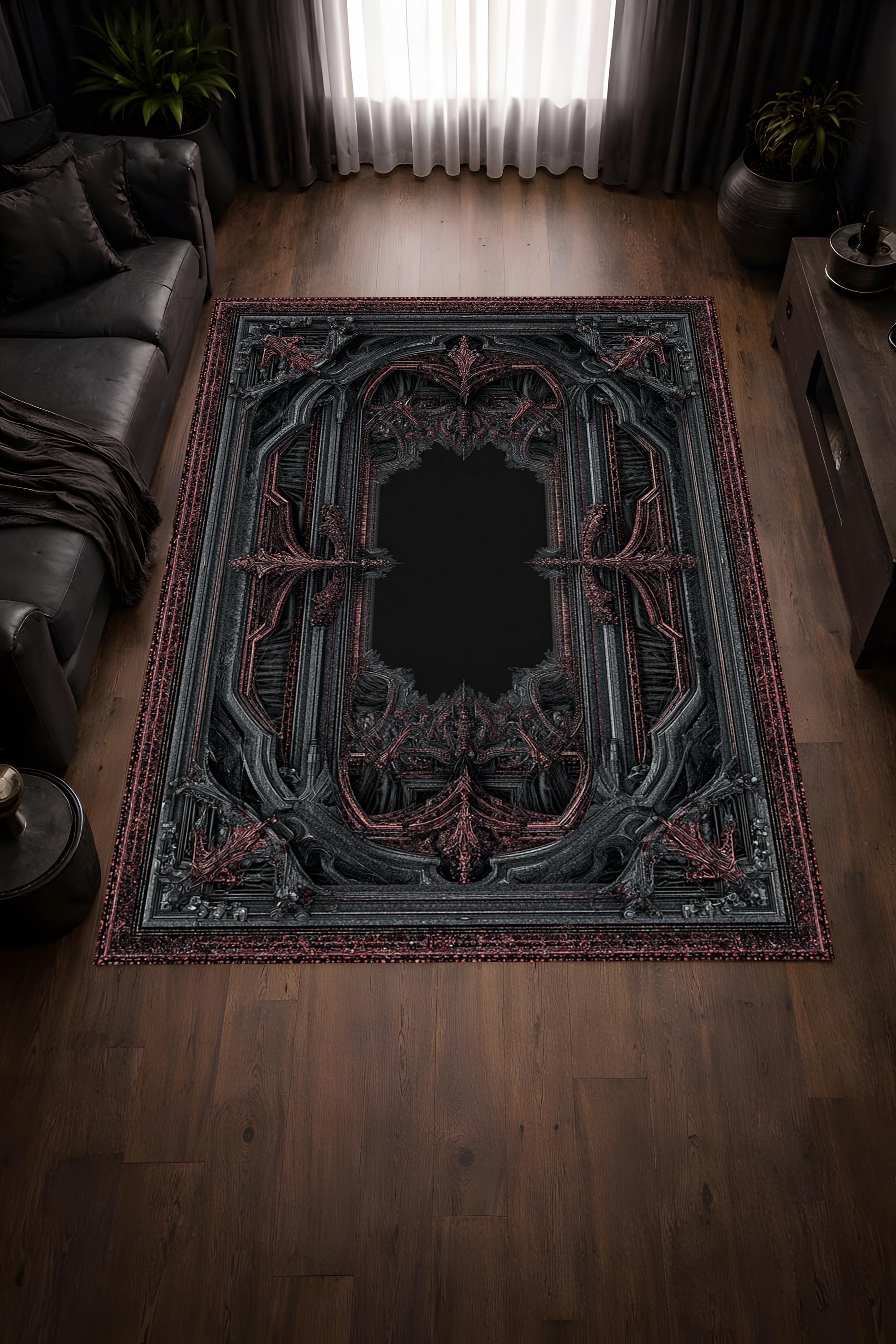 Gothic Baroque Area Rug – Black and Red Ornate Carpet for Dark Romantic ...