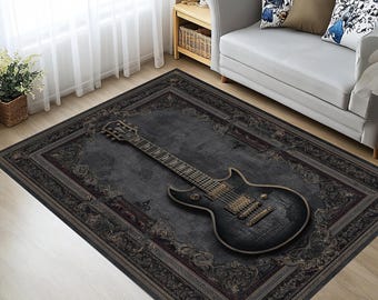 Electric Guitar Rug Black Baroque | Gothic Rock Area Carpet for Music Room Decor