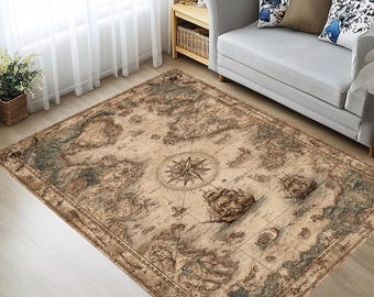 Pirate Map Rug – Vintage Nautical Area Rug with Tall Ships and Compass for Study or Game Room