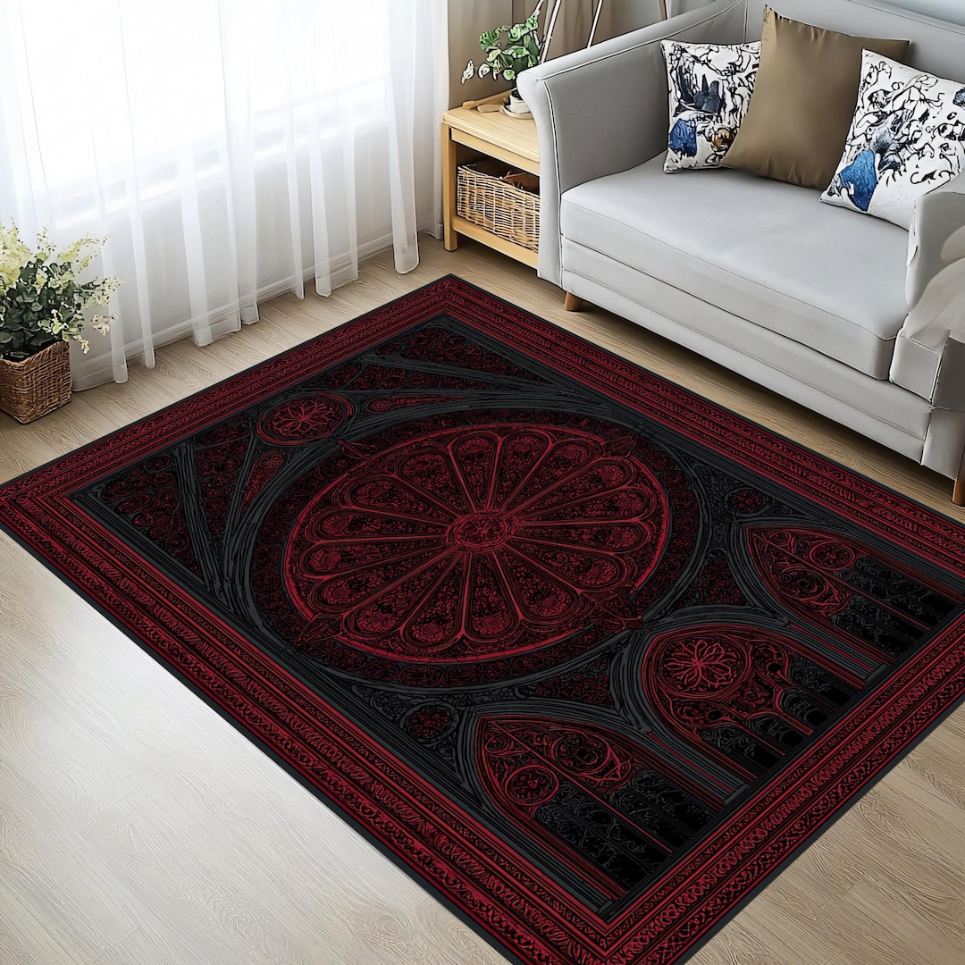 Cathedral Rug Gothic Cathedral Rose Window Rug – Dark Red and Black Architectural Art ...