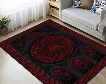 Alfombra con rosetón de catedral gótica: arte arquitectónico en rojo oscuro y negro para espacios impactantes