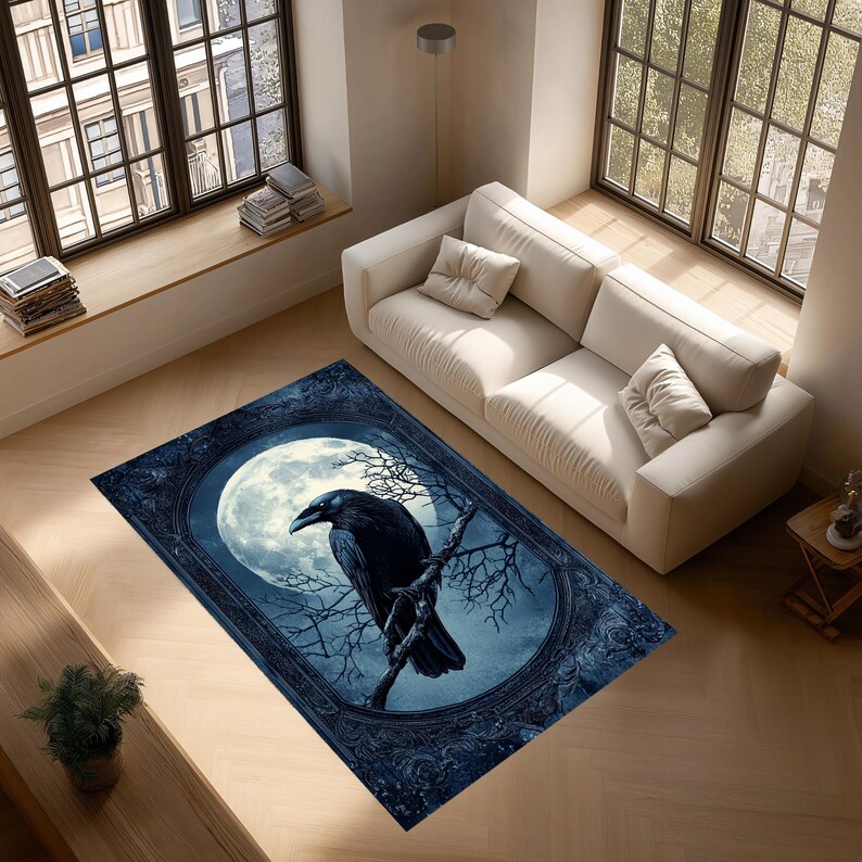 Gothic Raven Area Rug With Full Moon Dark Blue Floor Carpet - Etsy