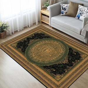 Helig geometri-matta – Grön och guldfärgad himmelsk mandala-matta för rituella och meditationsutrymmen