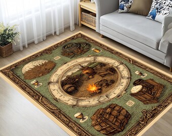 Alfombra de taberna medieval: ilustración de la elaboración de cerveza para decoración rústica o de fantasía