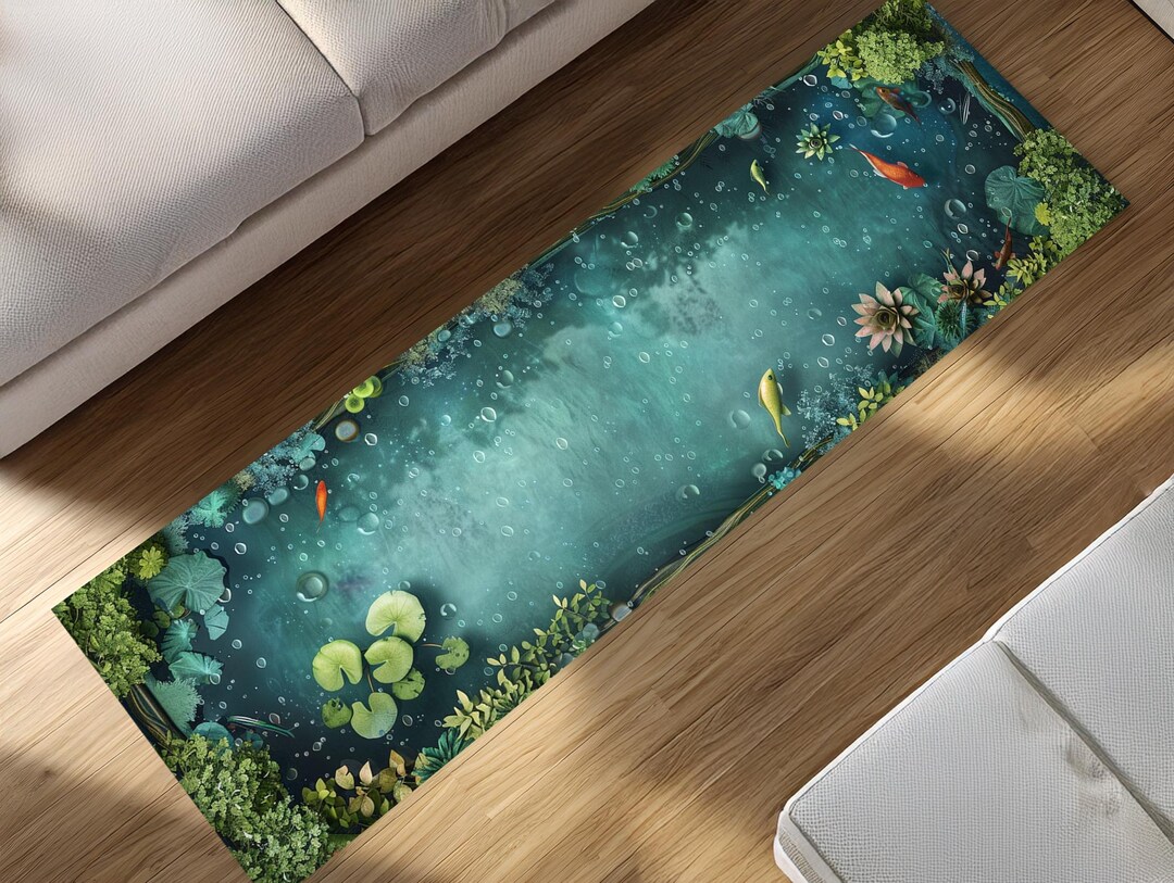 Pond Colors Rug Koi Fish Pond Runner Rug, Teal Water Lily Carpet, Nature Inspired ...