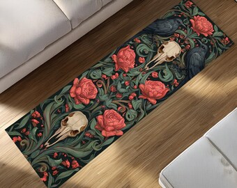 Gothic Floral Runner Rug with Raven Skulls and Red Roses – Dark Botanical Art Decor