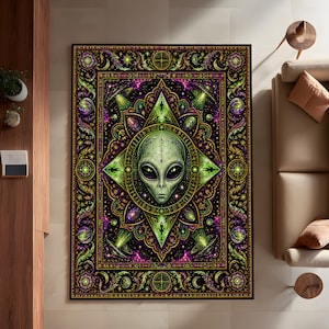 Cosmic Alien Rug Neon Galaxy Mandala Carpet Black Space Decor