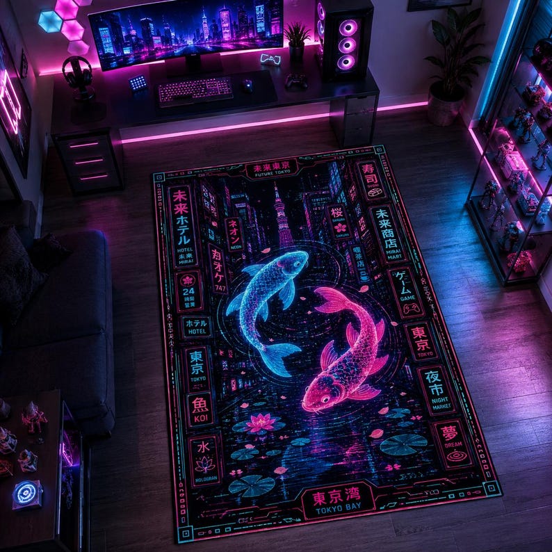 May include: A rectangular area rug featuring a vibrant neon-style graphic of a blue koi fish and a pink koi fish swimming in a circle. The design includes Japanese kanji characters, lotus flowers, and text reading Future Tokyo and Tokyo Bay.