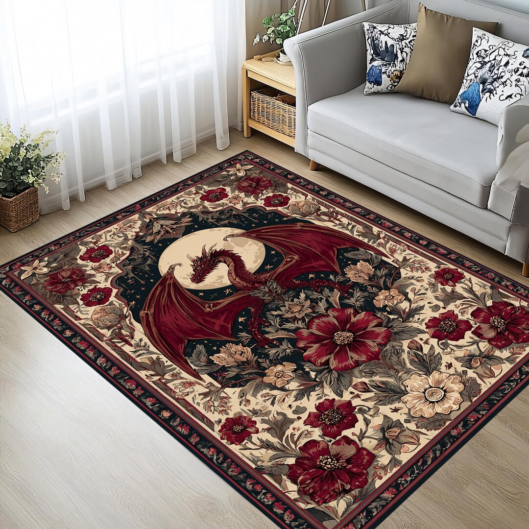 Medieval Red Rug Fantasy Dragon Rug Red Floral | Gothic Medieval Tapestry Style Area ...