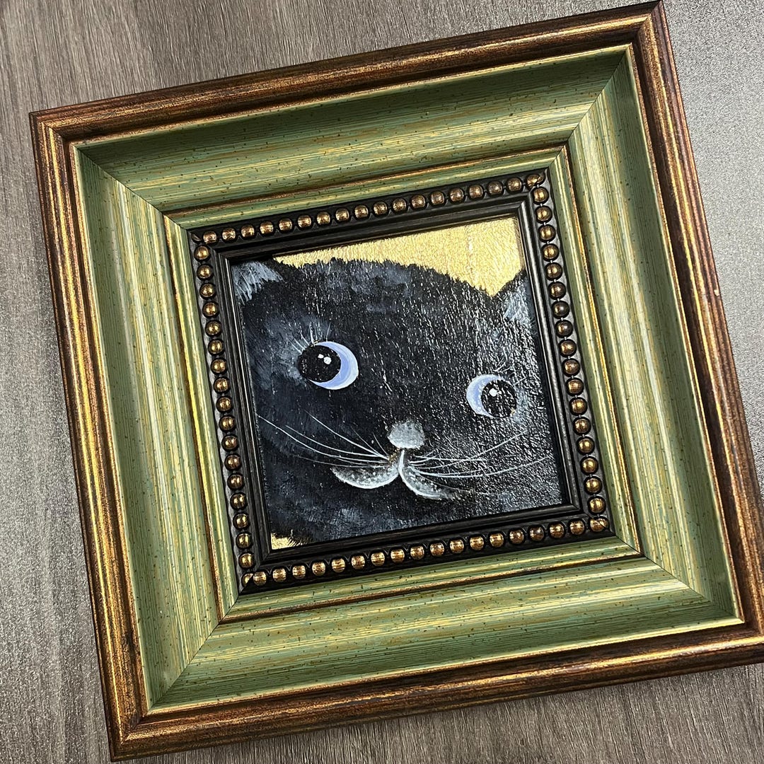Mini Framed Cat Artwork, Gold Foil Oil Painting ,hand Painting Art for ...