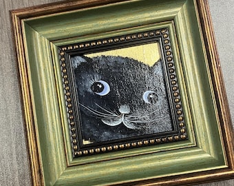 Mini quadro incorniciato con gatto, dipinto ad olio con lamina d'oro, opera d'arte dipinta a mano per l'arredamento di casa.