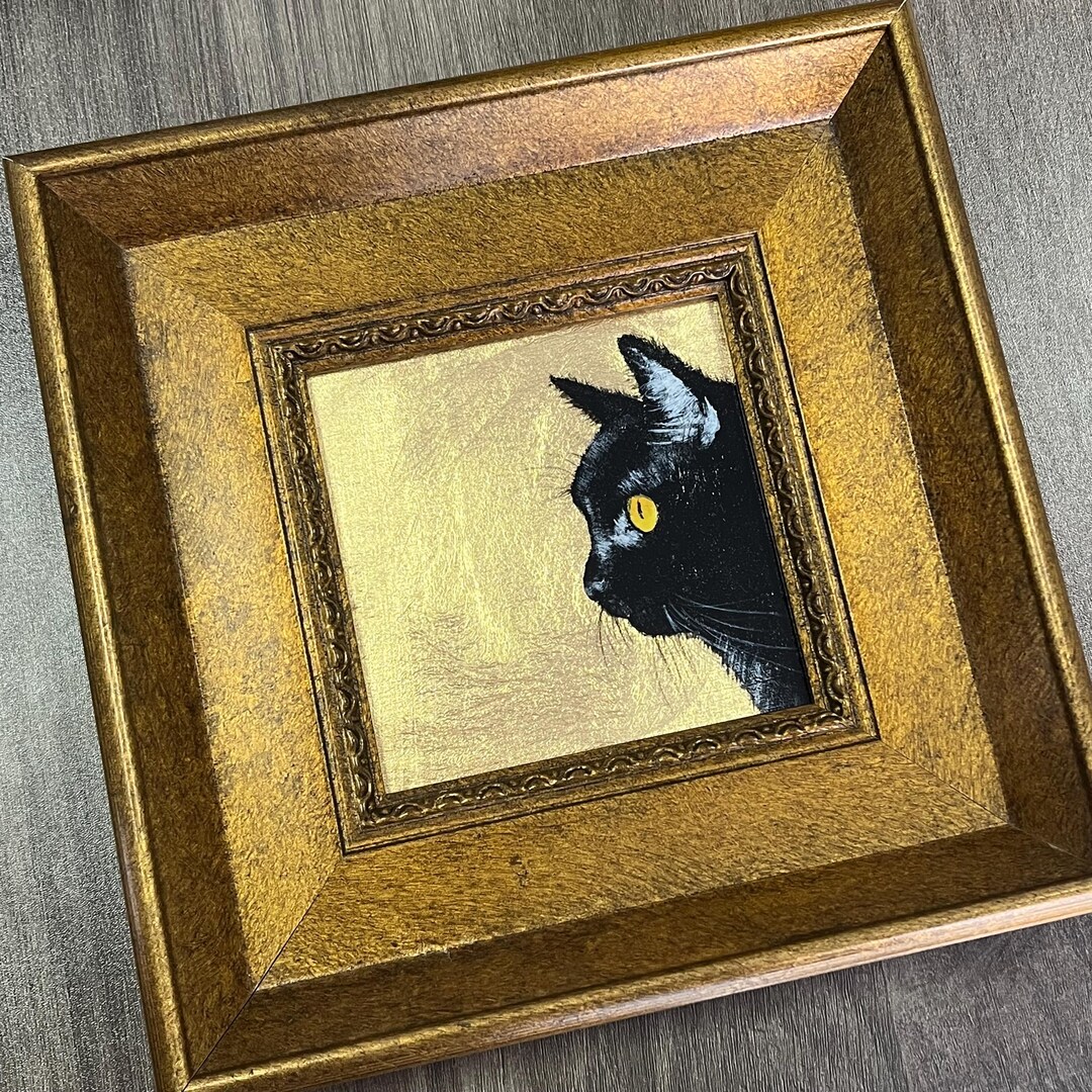 Mini Framed Cat Artwork, Gold Foil Oil Painting ,hand Painting Art for ...