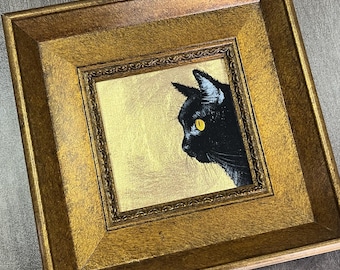 Mini Framed Cat Artwork, Gold Foil Oil Painting ,Hand Painting Art For Home Decor